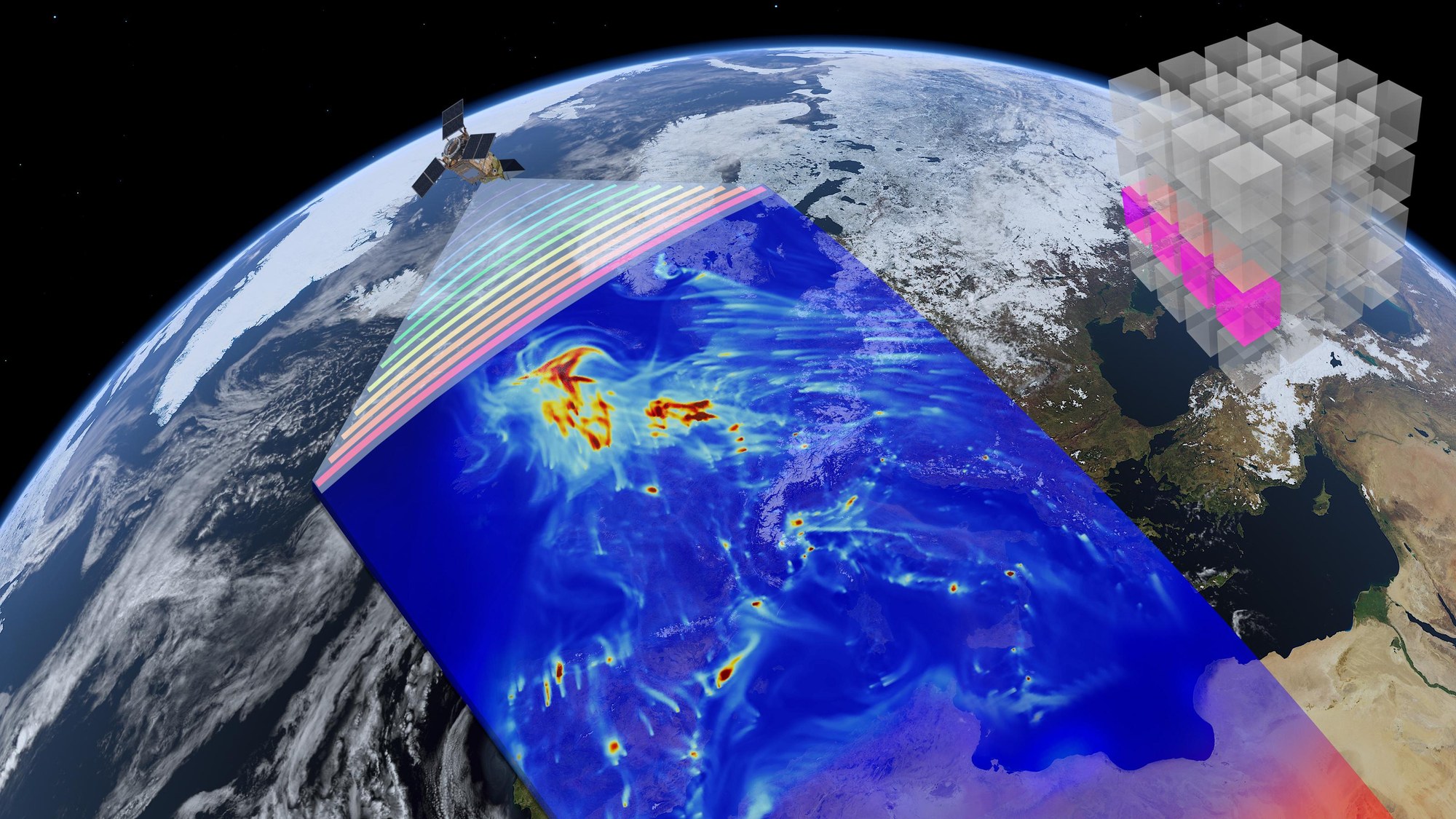 Grafik von Satellit und Datenwürfel