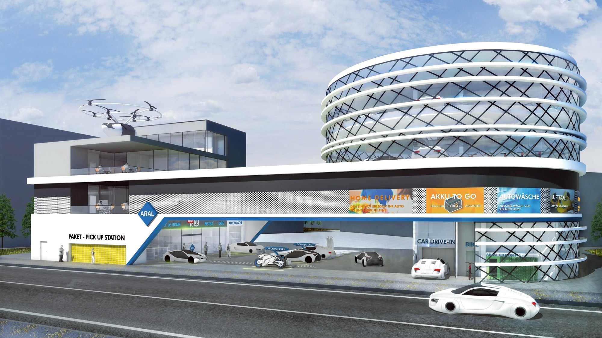 Tankstelle in der Großstadt im Jahr 2040