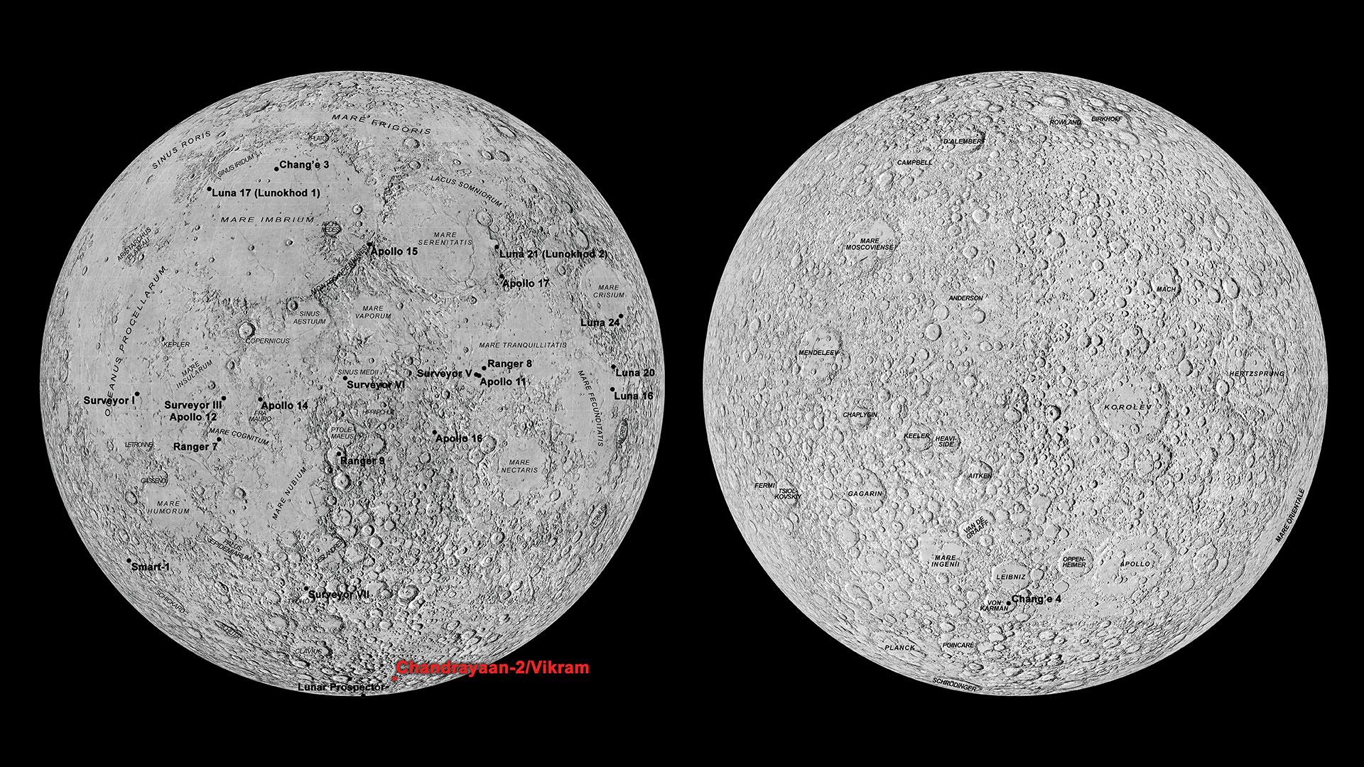 Die Landestelle von Vikram und alle bisherigen Mondlandungen