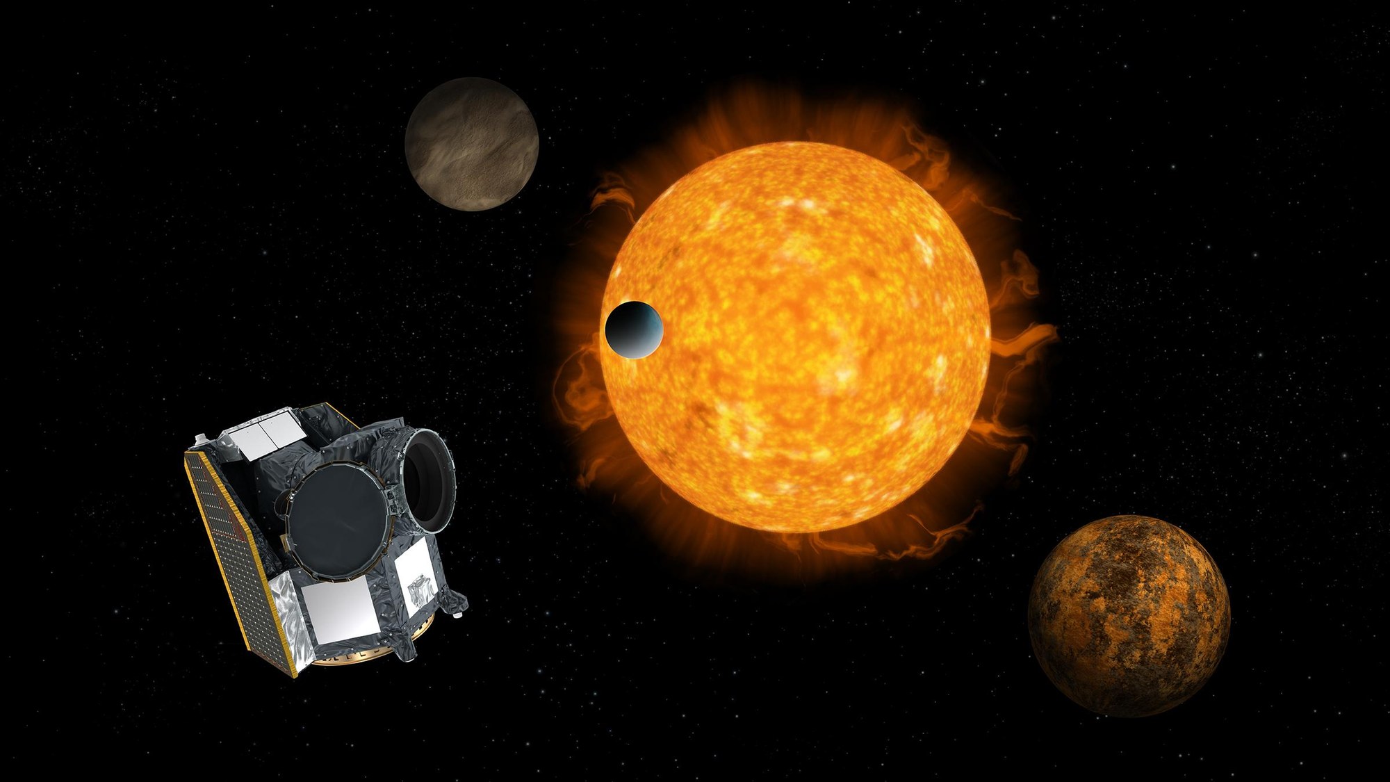 Künstlerische Impression von CHEOPS, dem charakteristischen Exoplaneten-Satelliten, mit einem Exoplaneten-System im Hintergrund