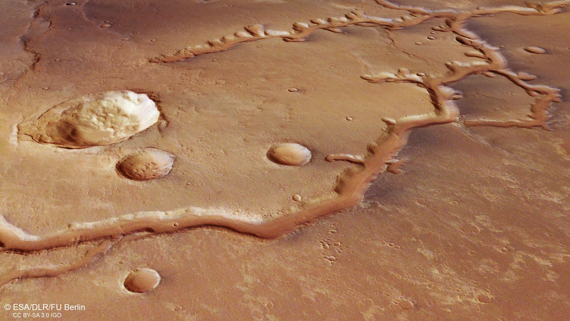 Perspektivische Ansicht eines Teils des Flusstals Nirgal Vallis