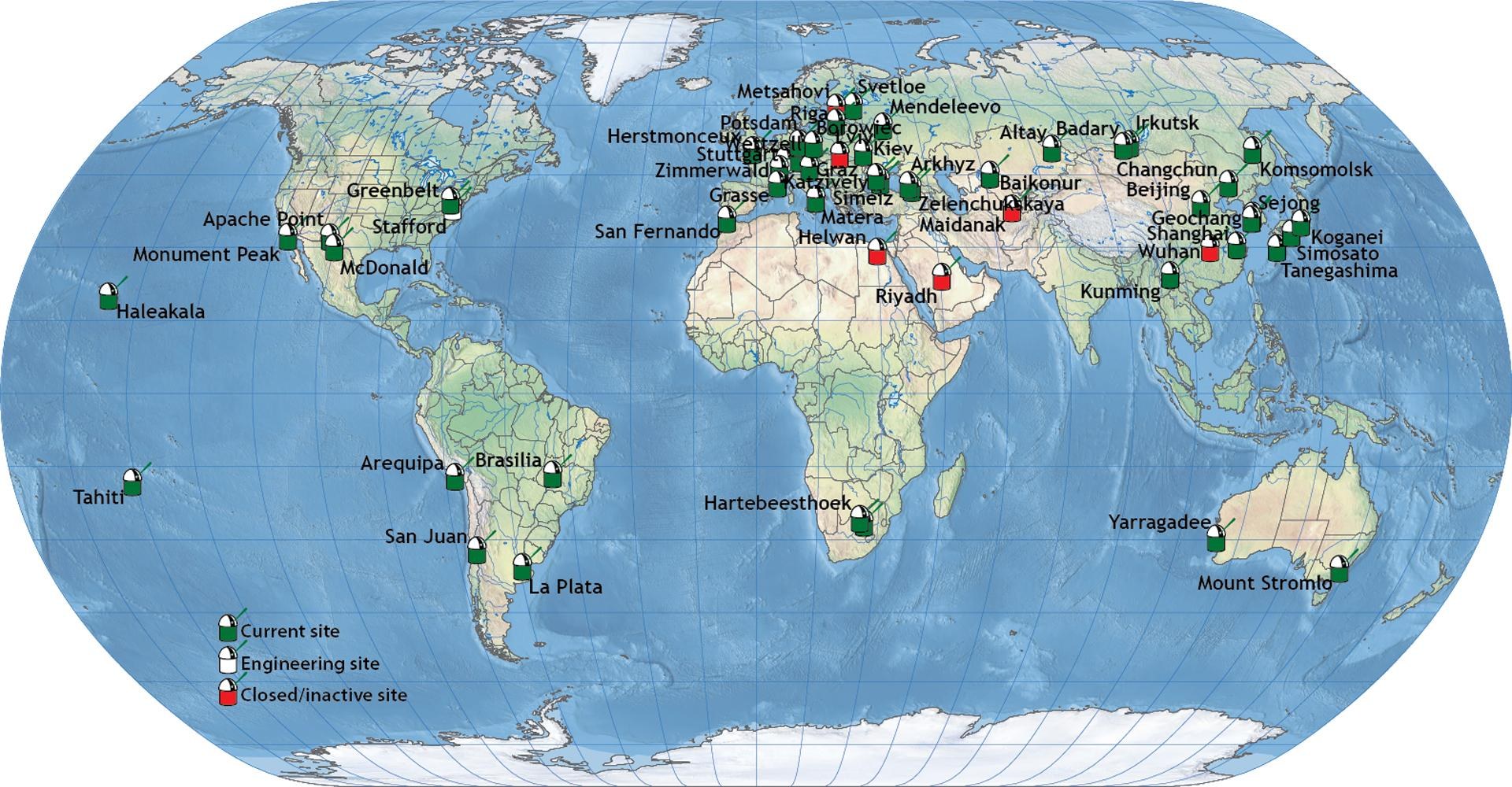 Stationen für Satellite Laser Ranging (SLR) des ILRS-Netzwerks weltweit