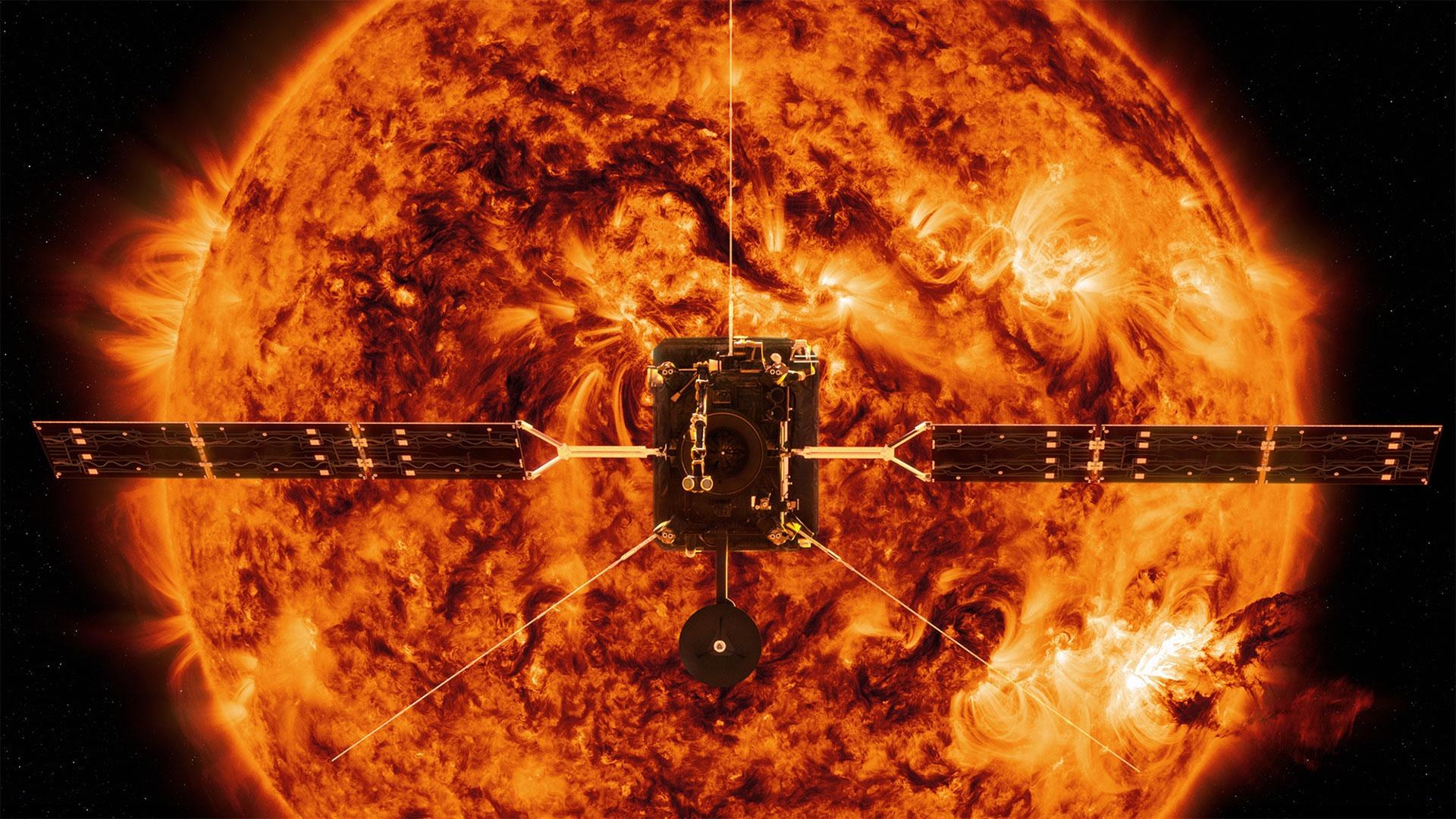 Künstlerische Darstellung von Solar Orbiter vor der glühenden Sonne