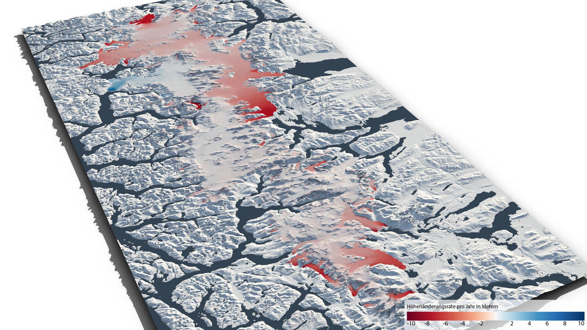 Grafik: Höhenänderungsrate des südlichen Eisfelds zwischen 2000 und 2012