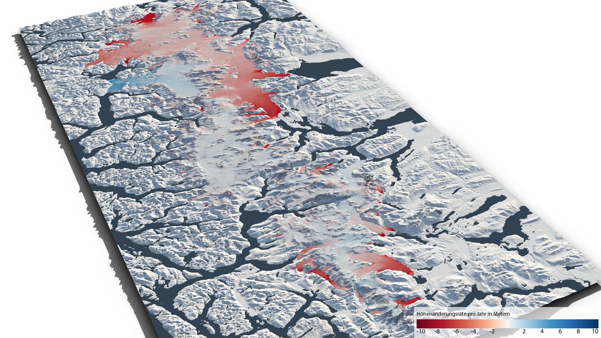 Grafik: Höhenänderungsrate des südlichen Eisfelds zwischen 2012 und 2016