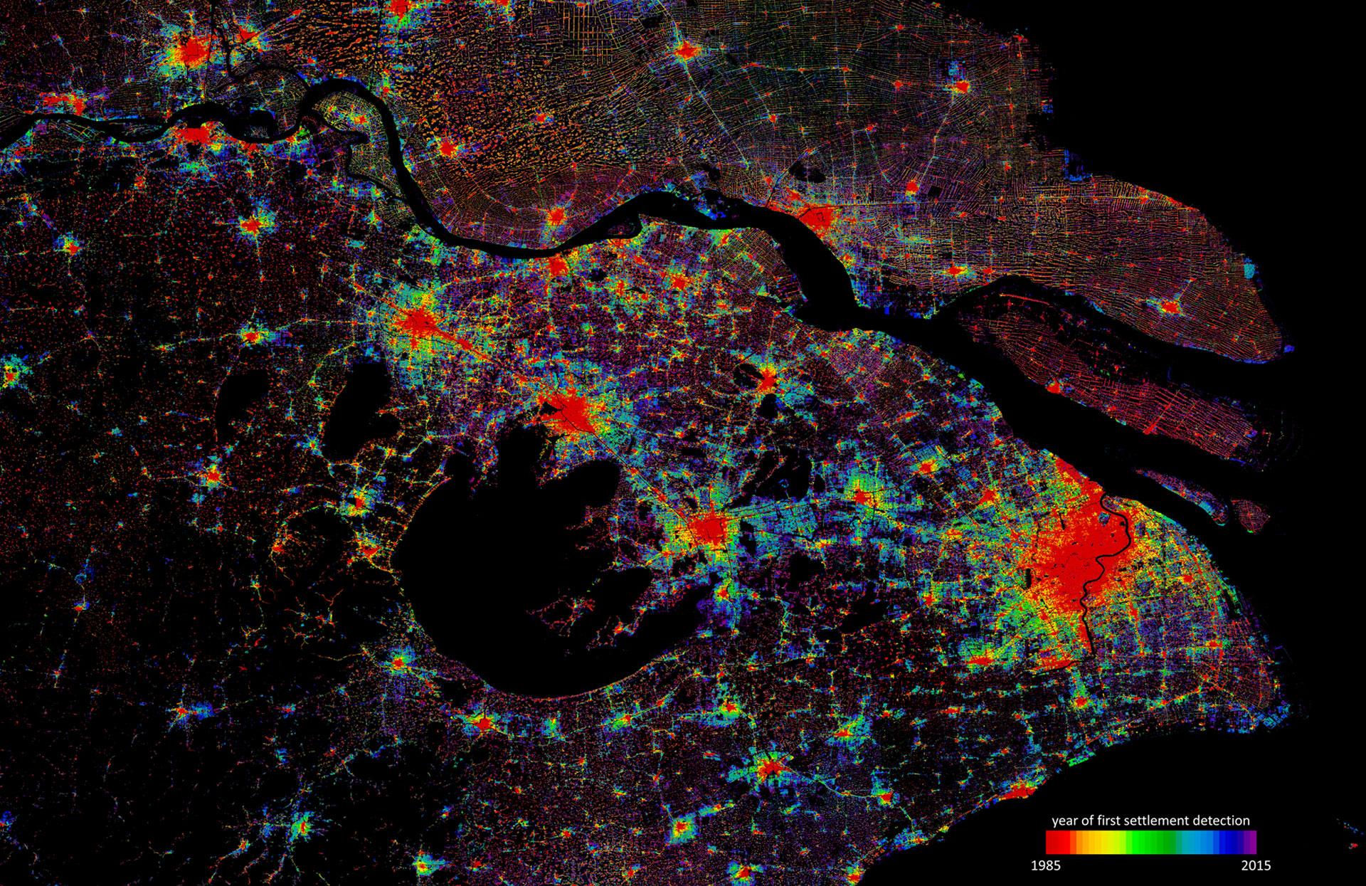 World Settlement Footprint Evolution (WSF-Evo) – Siedlungswachstum von 1985-2015 in Shanghai