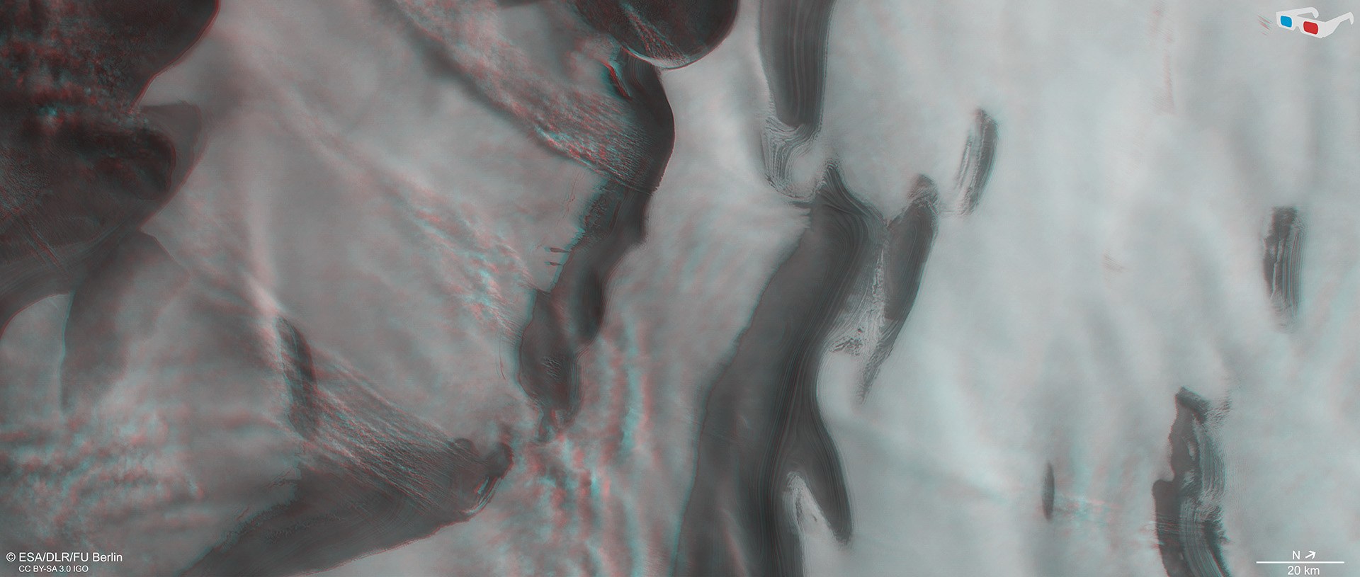 3D-Ansicht eines Teils des Mars-Nordpols