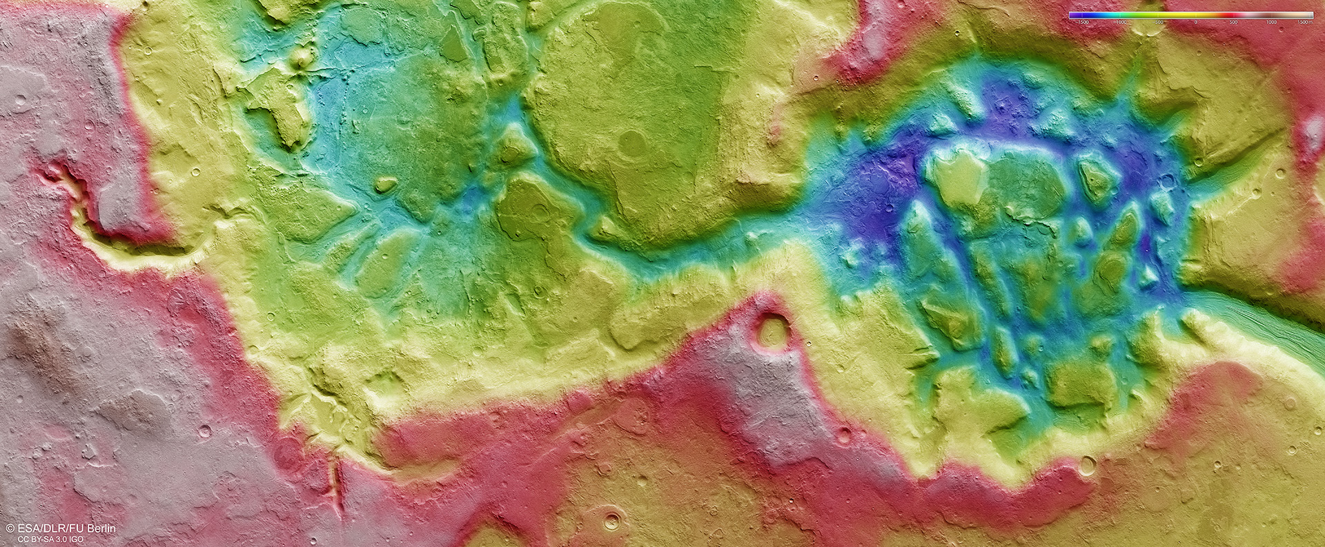 Topographische Karte der zerklüfteten Region Nilosyrtis Mensae