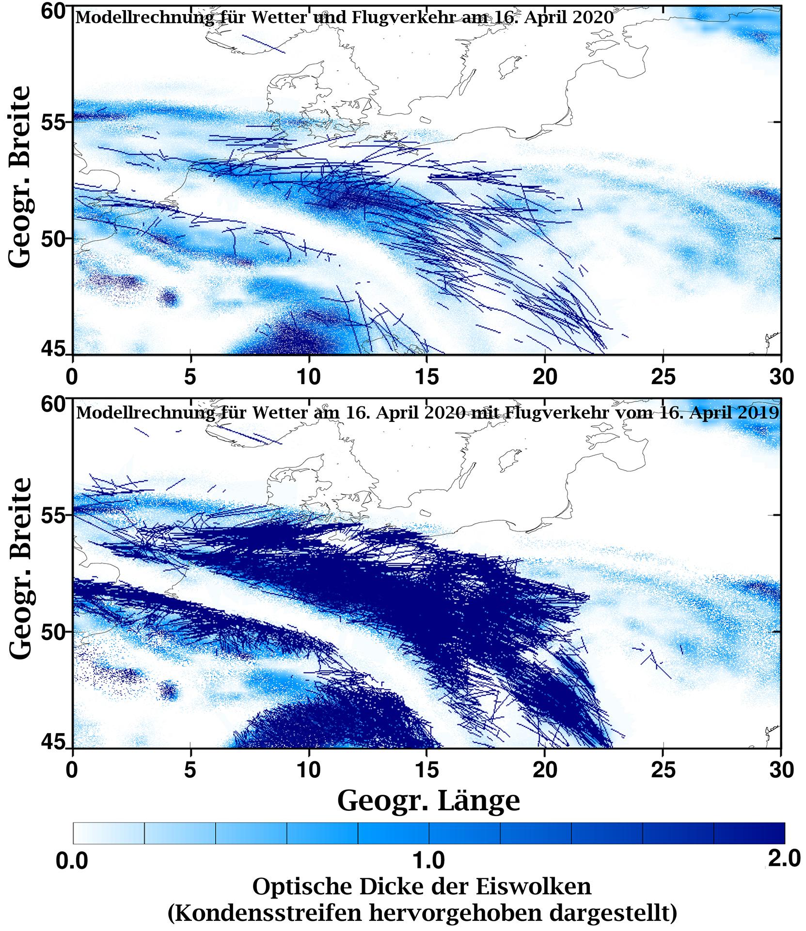 Abdeckung mit Kondensstreifenzirren für den 16. April 2020 für verschieden Luftverkehrsverhältnisse im Vergleich (Kondensstreifen grafisch hervorgehoben)