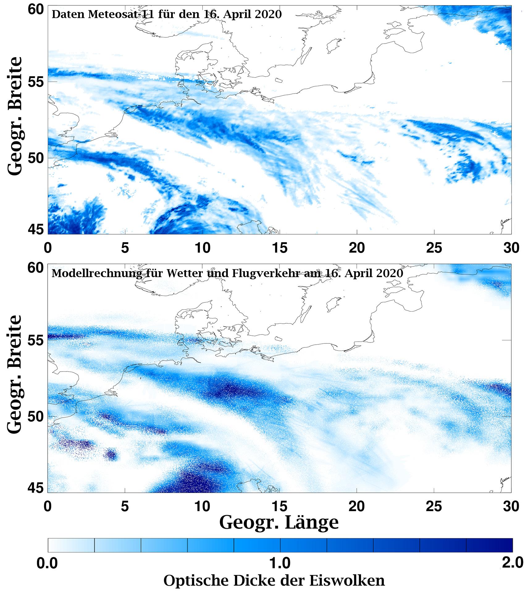 Meteosat-11-Satellitendaten im Vergleich mit Modell für die optische Dicke von Eiswolken