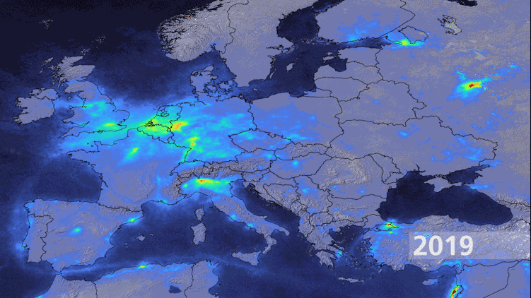 Vergleich der NO2-Belastung in Europa zwischen 2019 und 2020