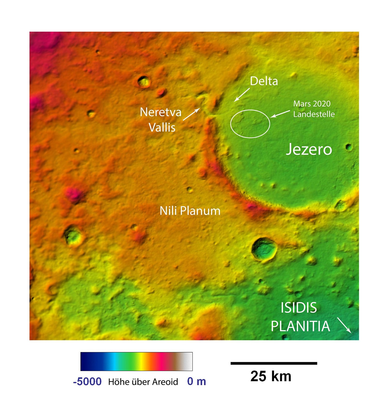 Die Mars-2020-Landestelle im HRSC-Geländemodell