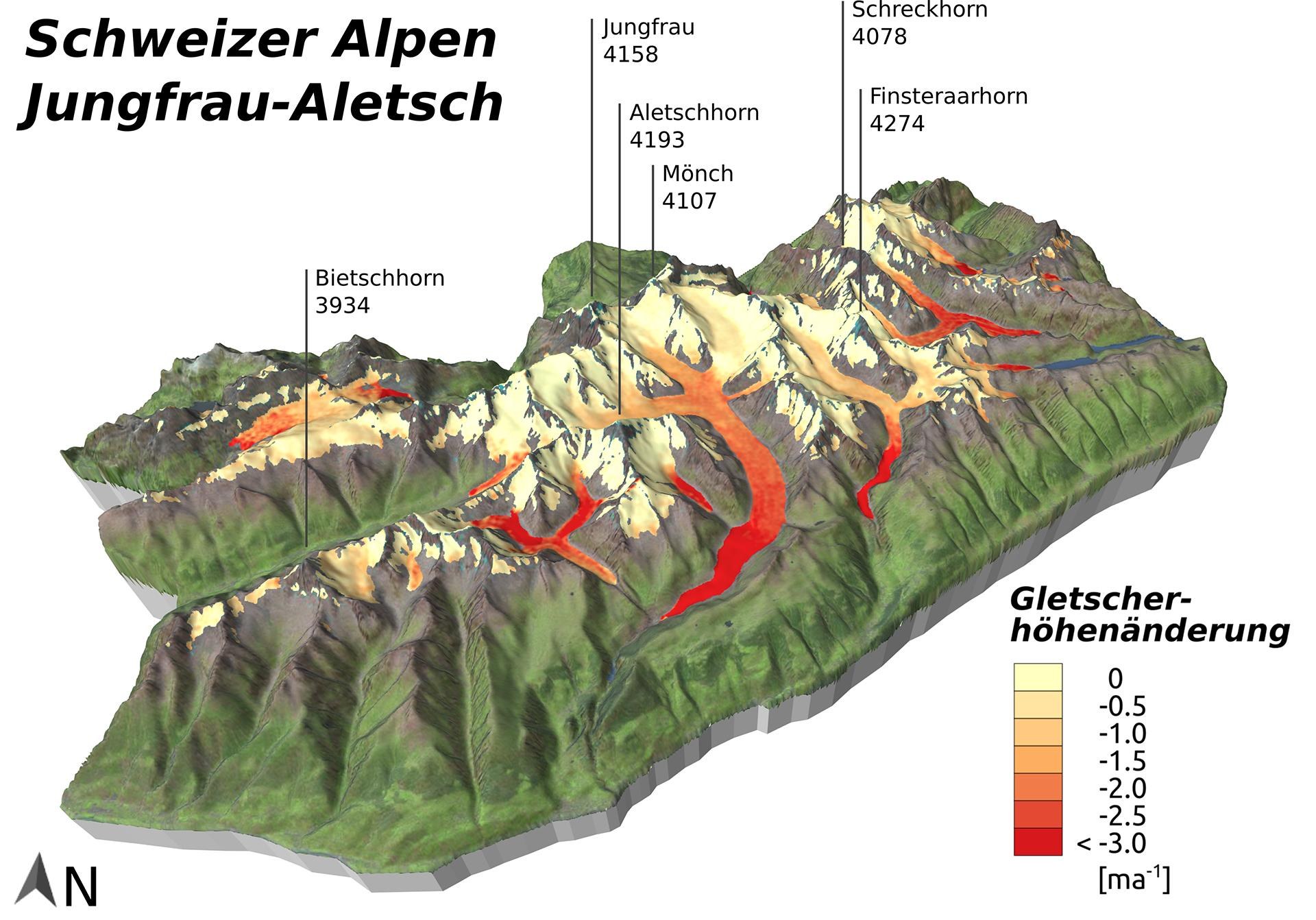 Höhenänderung der Gletscher in den Schweizer Alpen