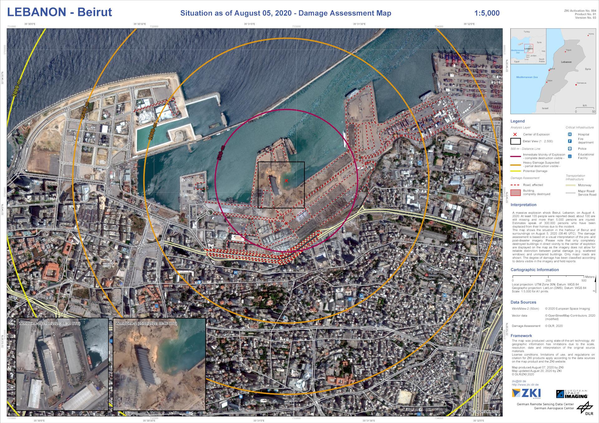 ZKI-Schadenskartierung nach der Explosion am 4. August 2020 in Beirut