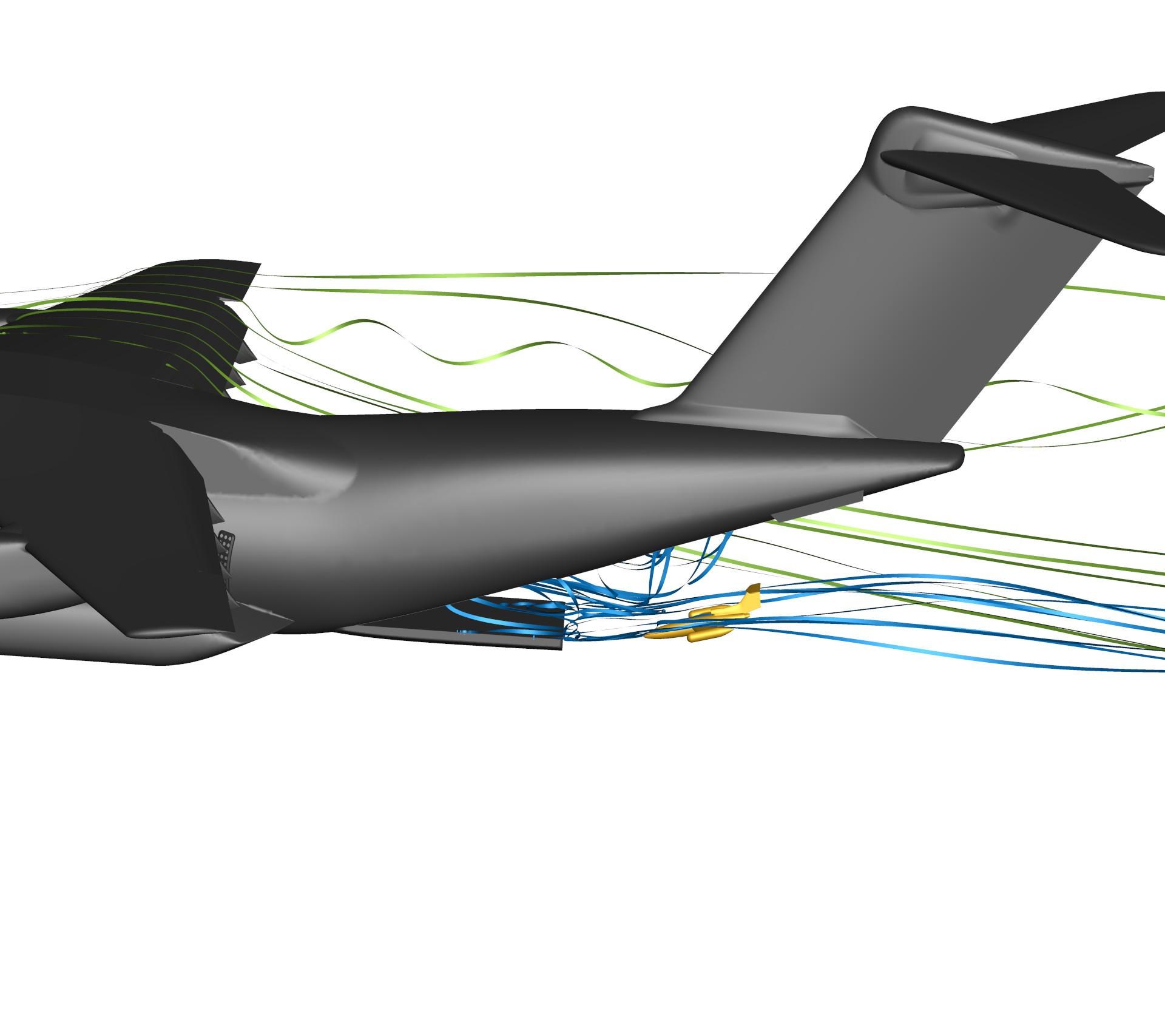 Luftverwirbelungen hinter einem Flugzeug beim Absetzvorgang eines UAV