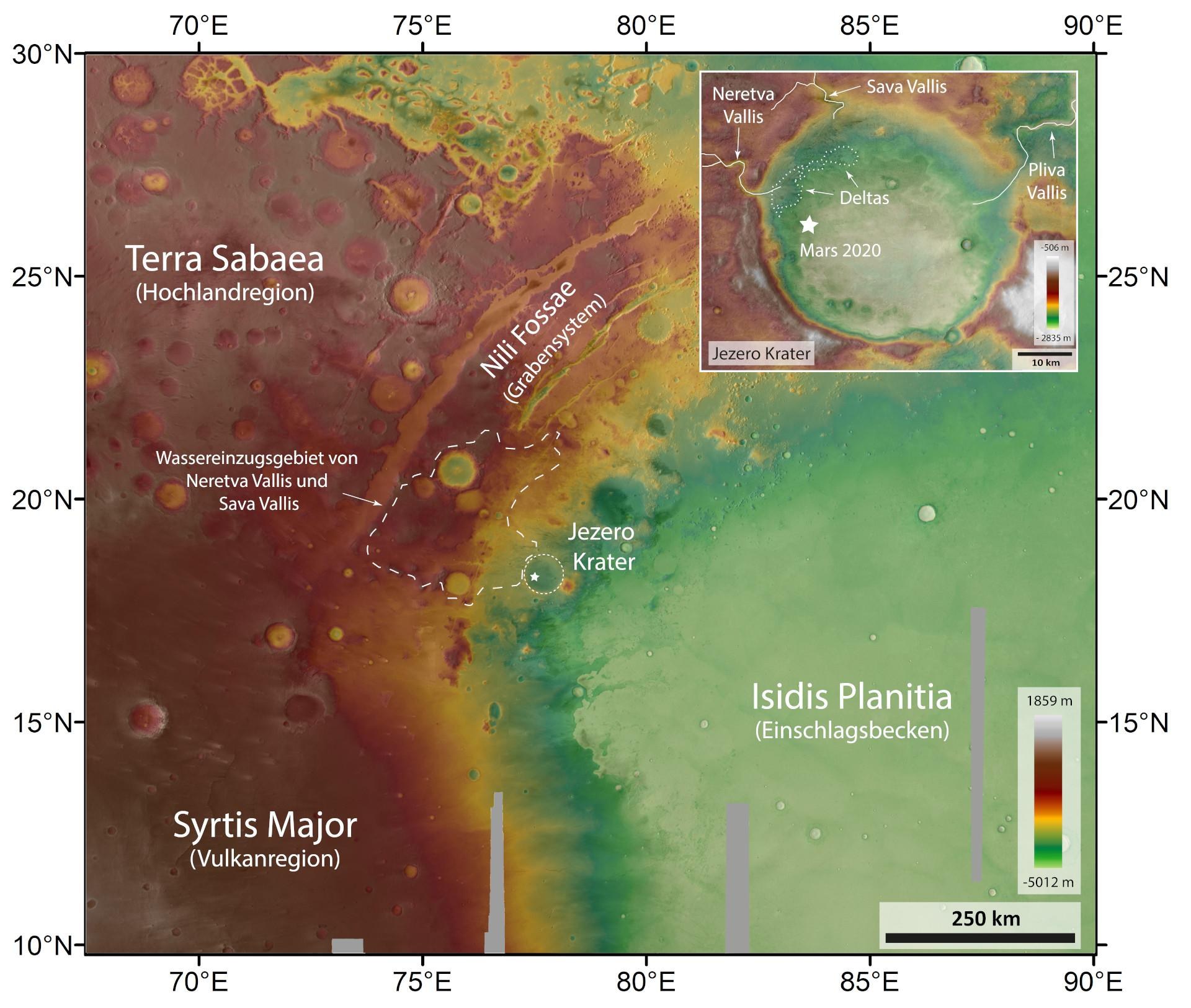 Topographische Bildkarte der Umgebung des Kraters Jezero