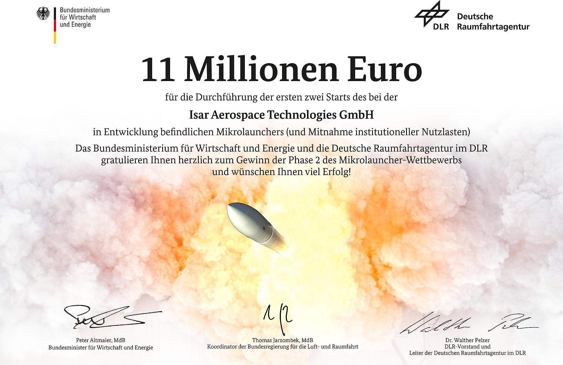Gewinnerurkunde Mikrolauncher-Wettbewerb