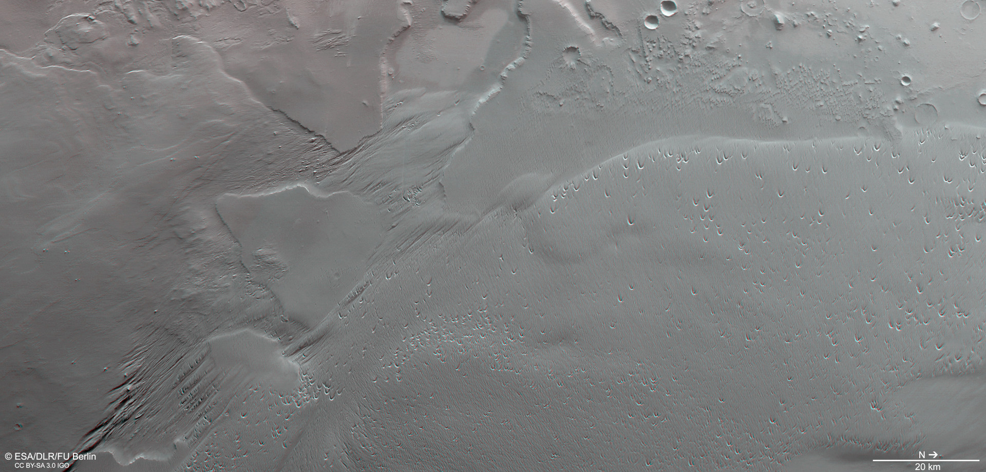 3D-Ansicht der Landschaft bei Eumenides Dorsum