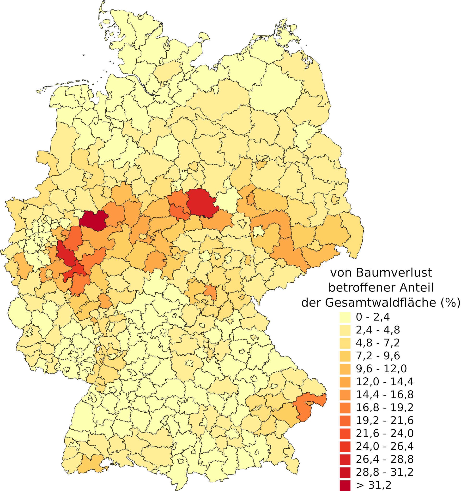 Diese Grafik zeigt den Anteil der abgestorbenen und zum größten Teil bereits abgeholzten Waldfläche pro Landkreis in Deutschland