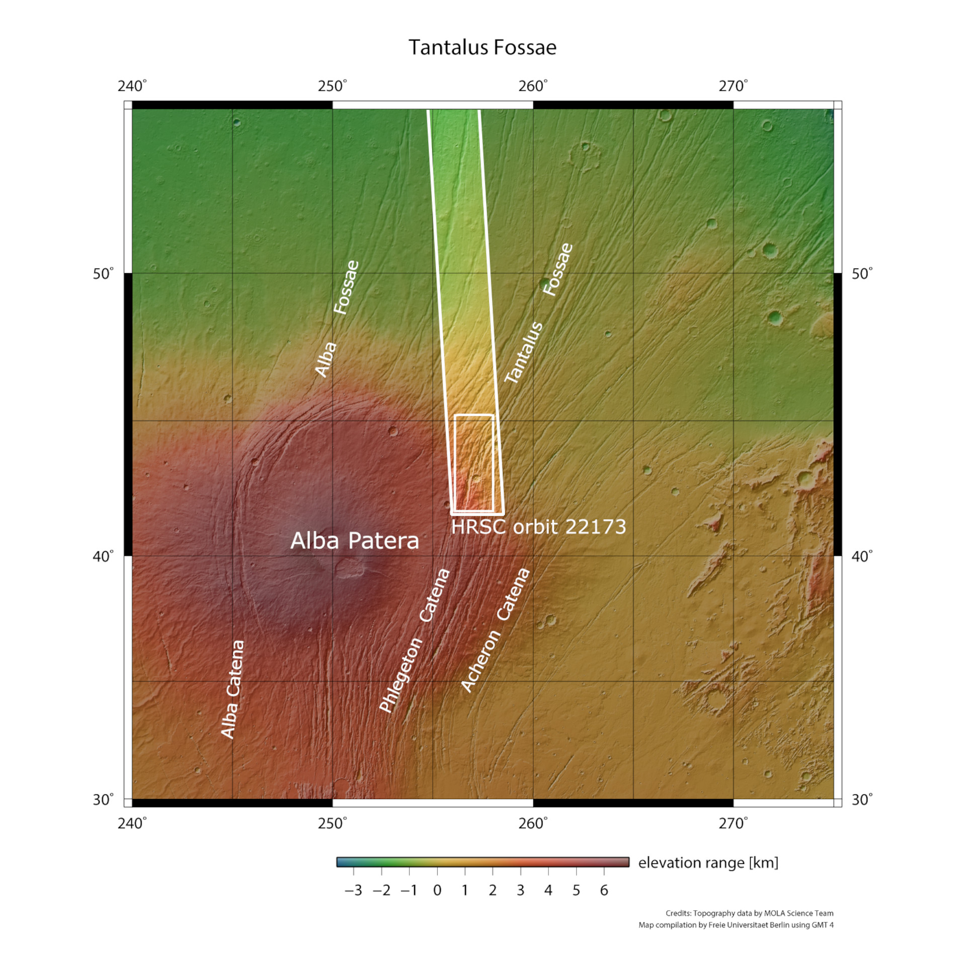 Der Vulkan Alba Patera mit dem Grabensystem Tantalus Fossae