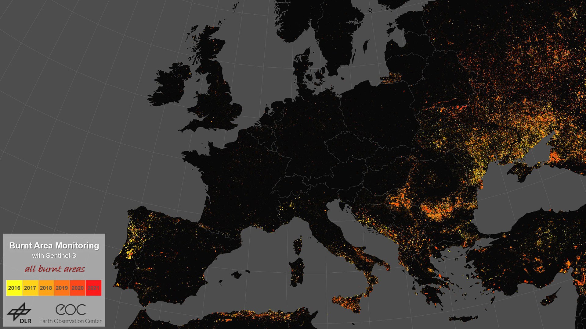 Brandflächen in Europa zwischen 2016 und 2021 – alle Brände