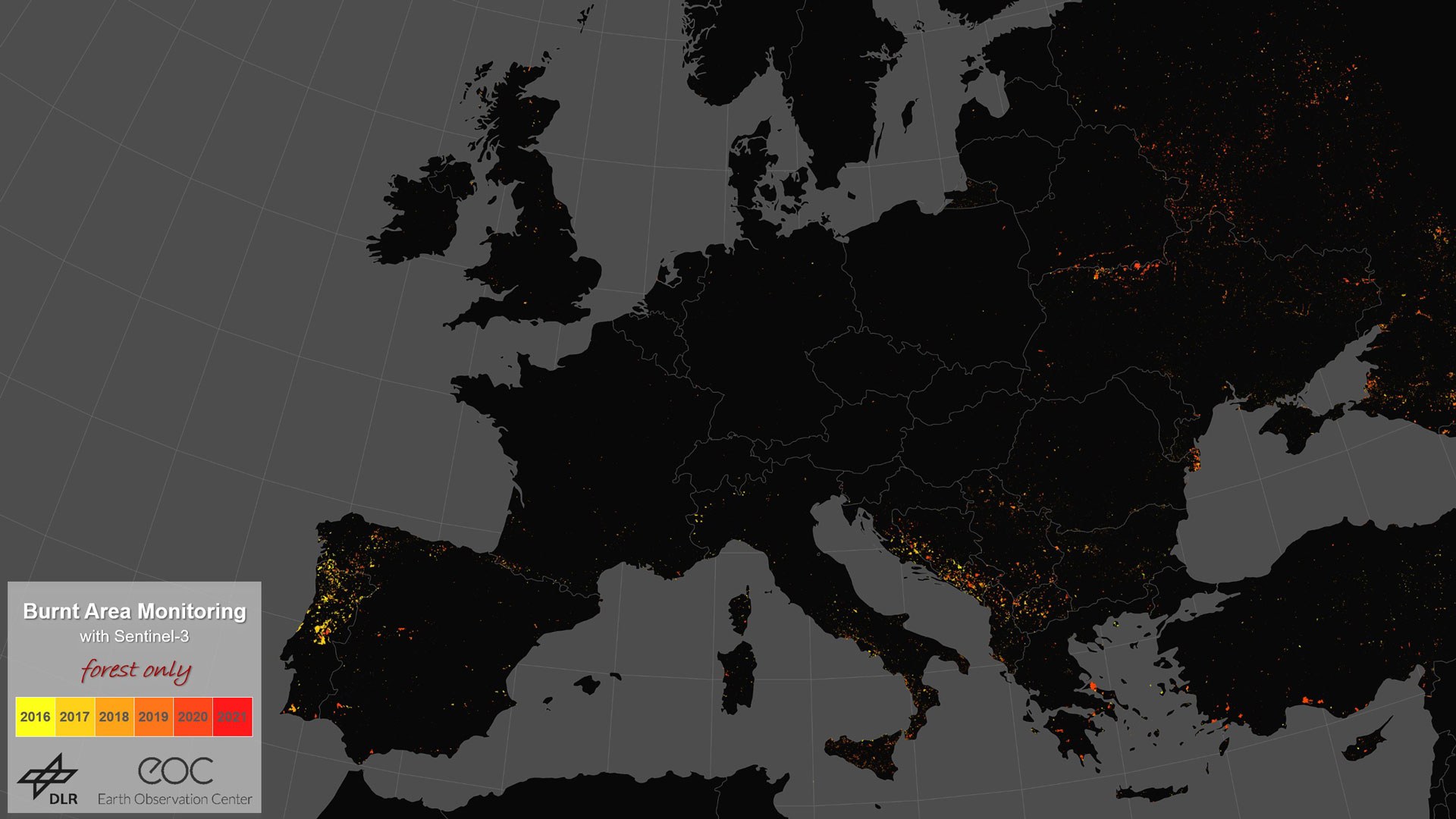 Brandflächen in Europa zwischen 2016 und 2021 – Waldbrände