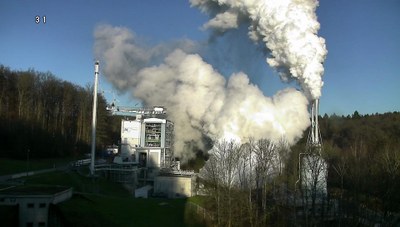 Test des Oberstufentriebwerks Vinci am ESA-Prüfstand P4