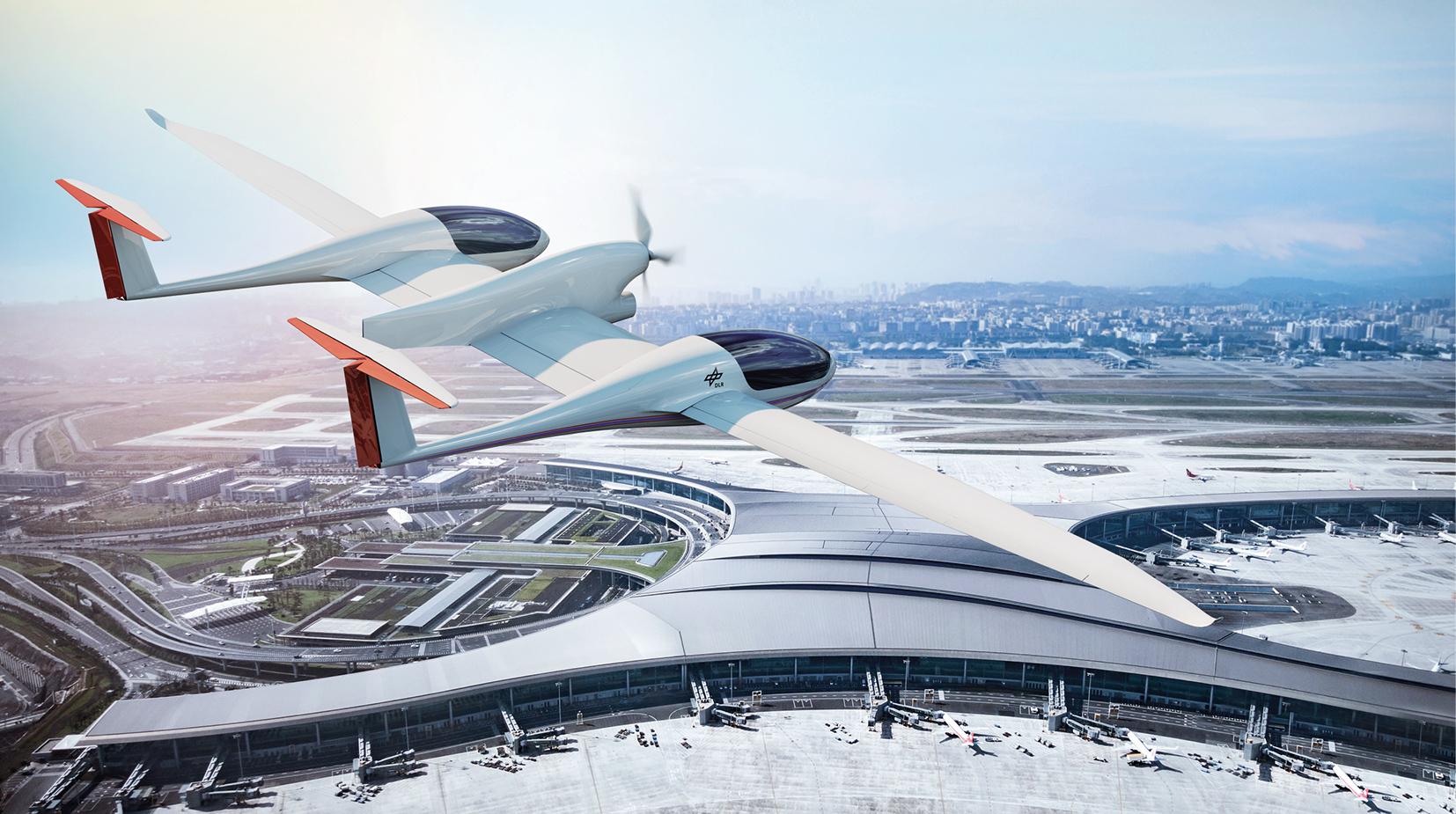Visualisierung des DLR HY4 im Flug über Flughafen