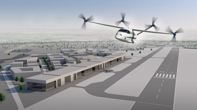 Kleinflugzeug-Konzept „HyBird“ über dem Forschungsflugplatz Aachen-Merzbrück (Illustration)
