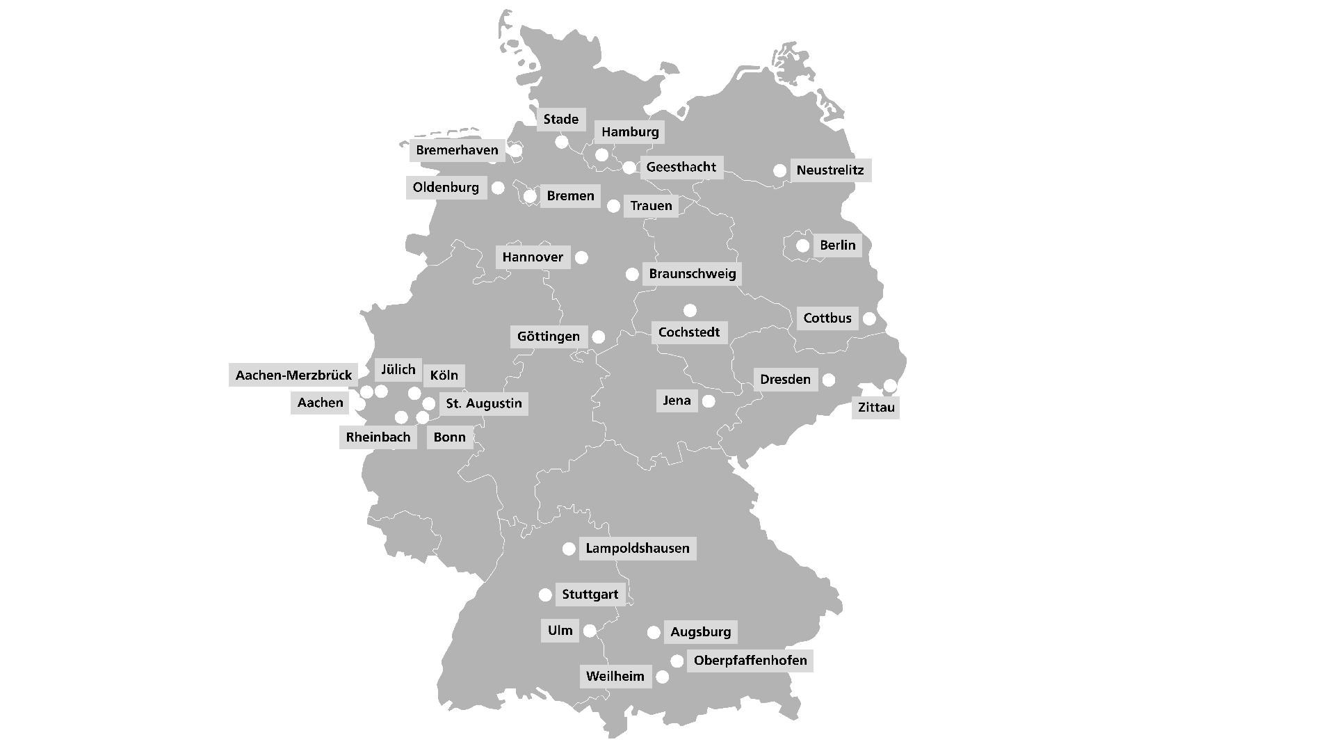 Deutschlandkarte mit Standorten des Deutschen Zentrums für Luft- und Raumfahrt