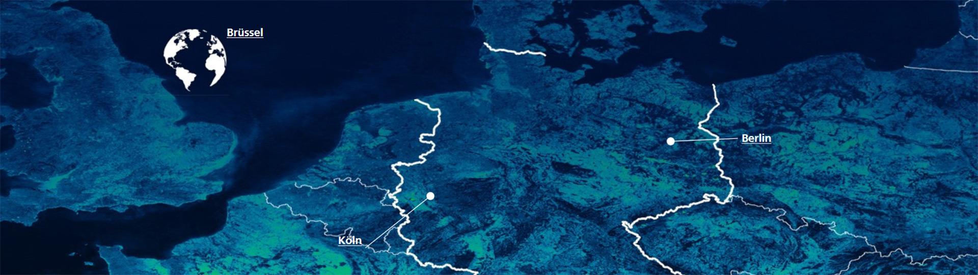 Karte Abteilung Politikbeziehungen und Kommunikation: Vertreten in Berlin, Brüssel und Köln