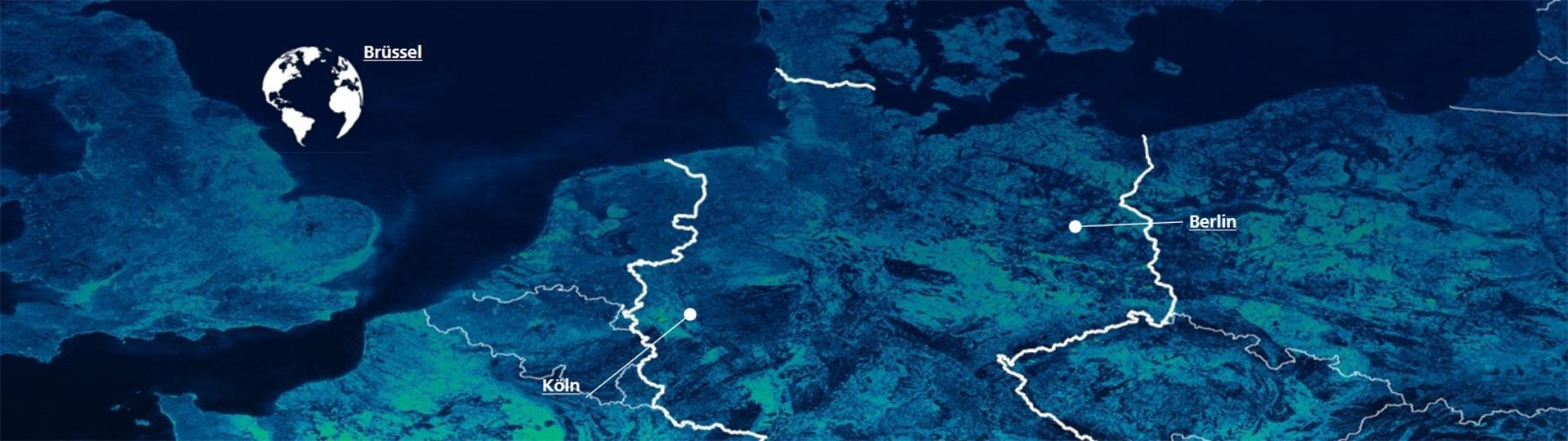Karte Abteilung Politikbeziehungen und Kommunikation: Vertreten in Berlin, Brüssel und Köln