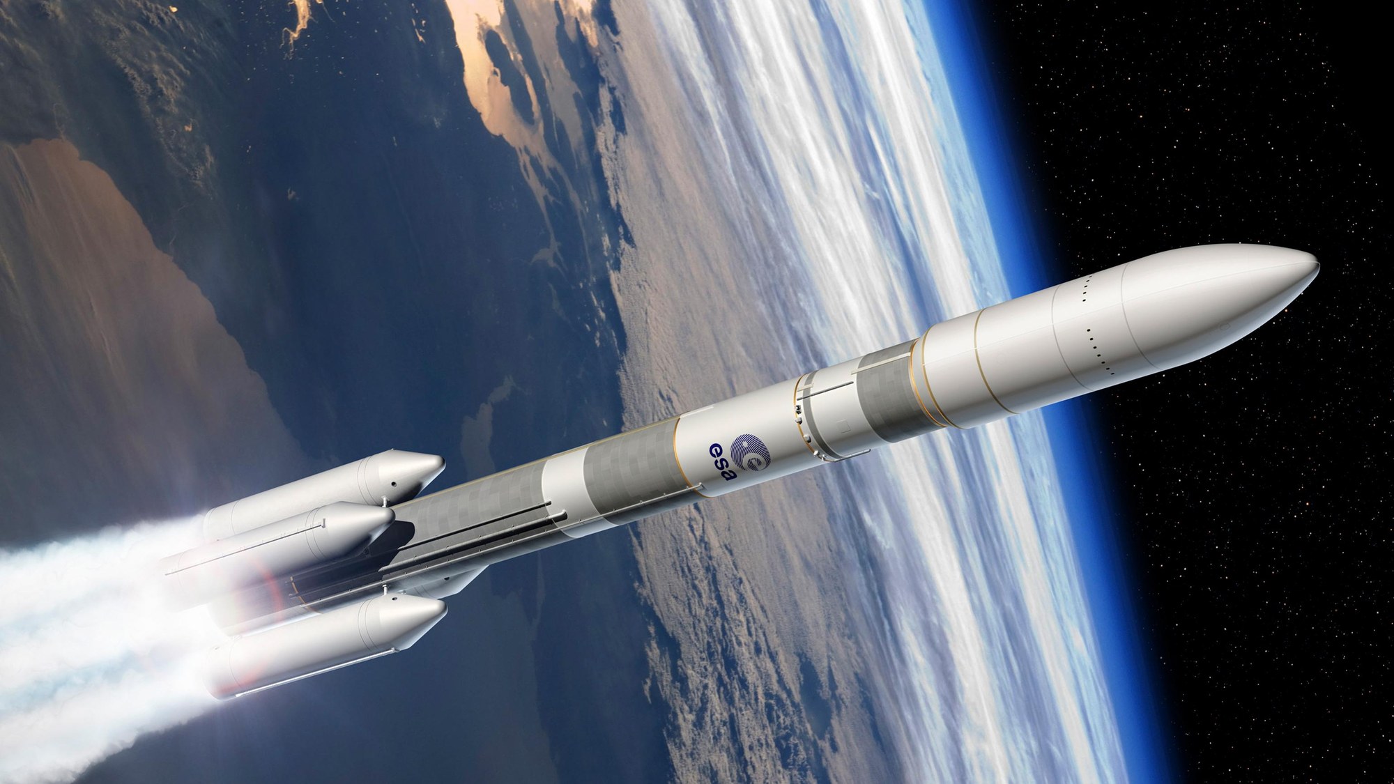 Darstellung der Ariane 6 mit vier Booster-Motoren