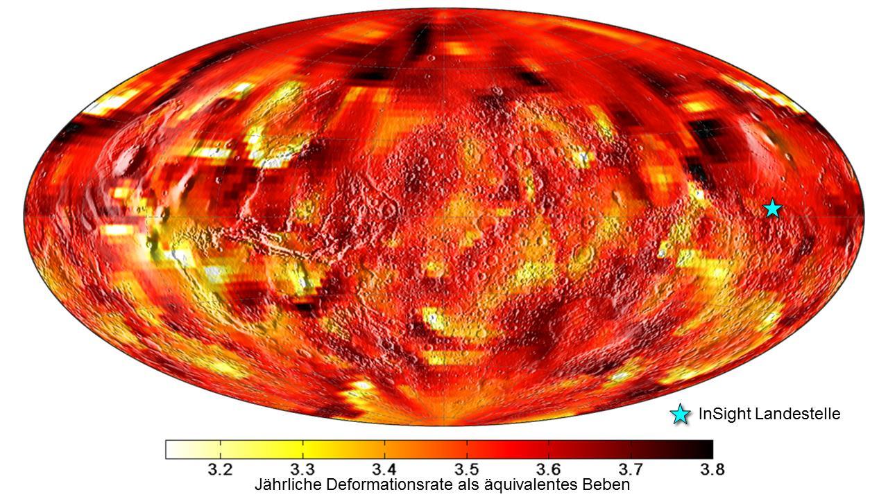 Jährlicher Zuwachs der Deformation, ausgedrückt als Magnitude eines äquivalenten Marsbebens