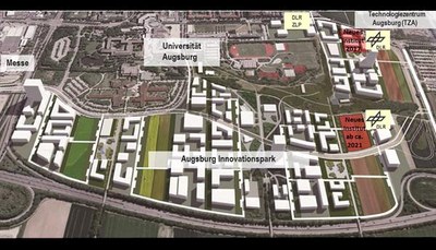 Luftaufnahme des Augsburg Innovationsparks als künstlerische Darstellung