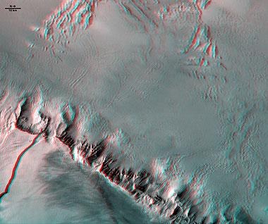 Riesige Abbruchkante am Mars-Vulkan Olympus Mons in 3D