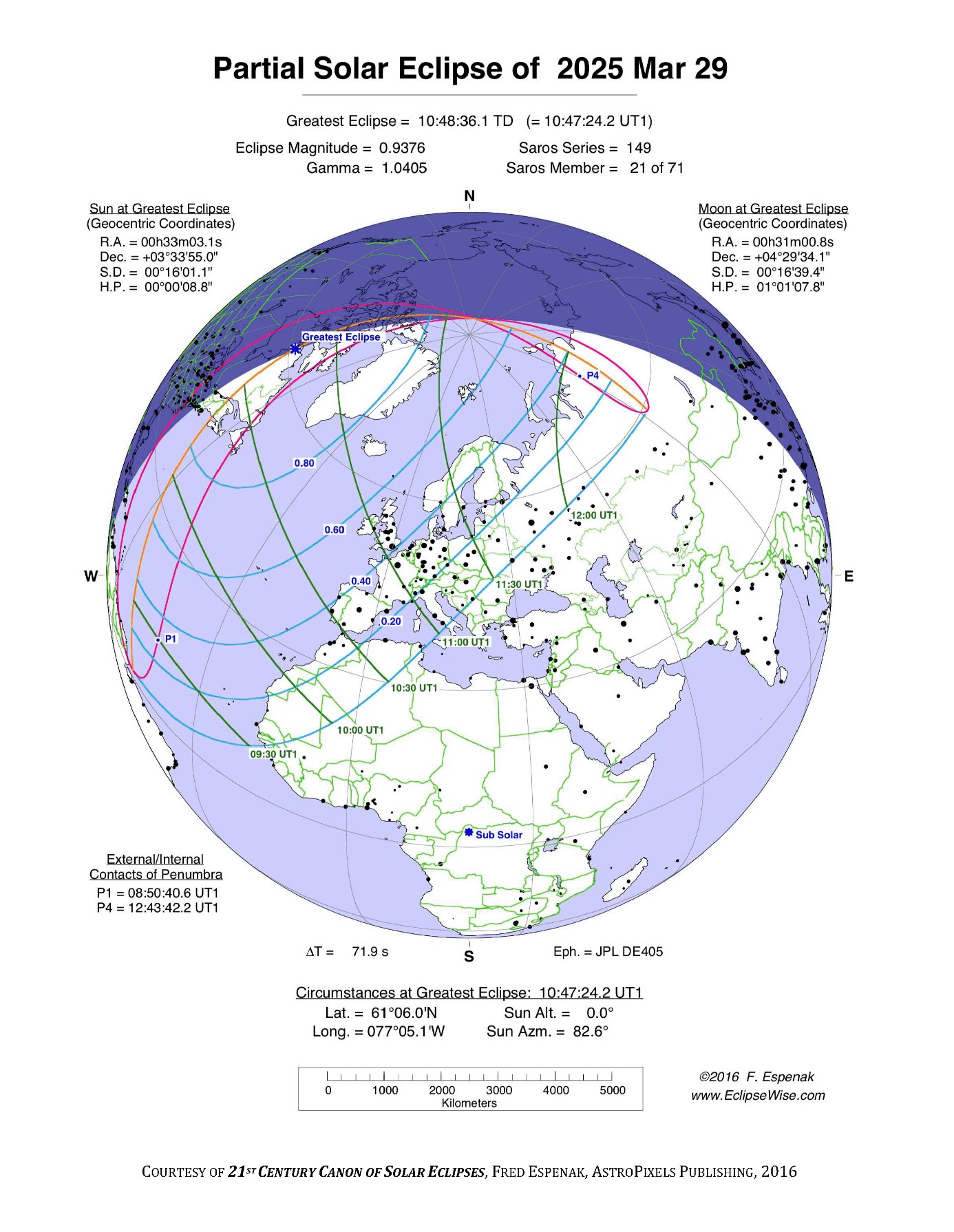 Globale Gesamtübersicht der partiellen Sonnenfinsternis am 29. März 2025