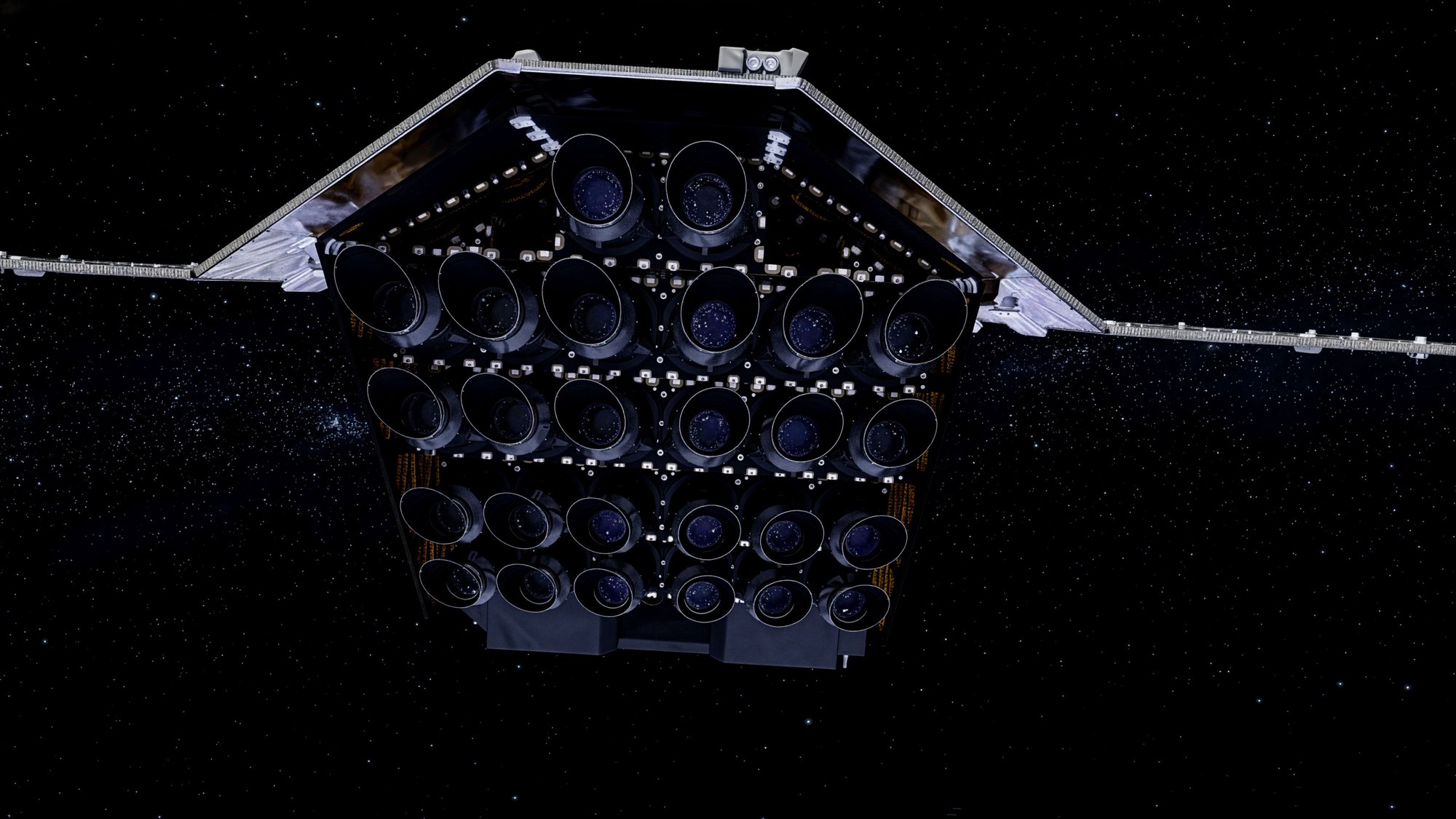 Künstlerische Darstellung des PLATO-Satelliten im All