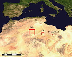 DESERTEC: Fläche in der Sahara für die Energieversorgung der Welt, der EU und Deutschland. Bild: DLR.