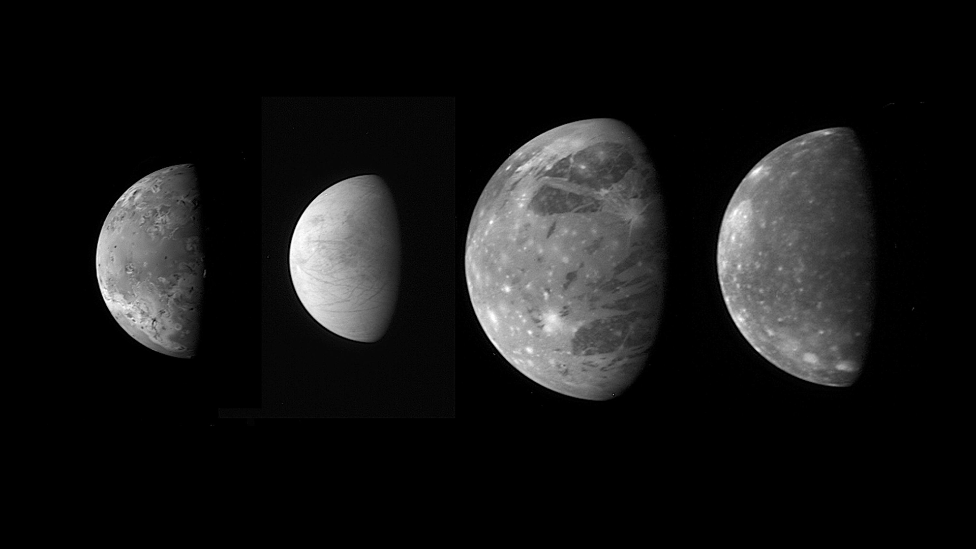 Die Galileischen Monde Io, Europa, Ganymed und Callisto (v.l.n.r.)