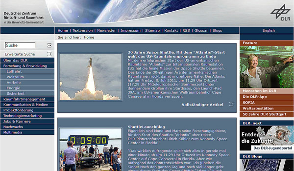 DLR-Webportal vor dem Re-Design im Juli 2011