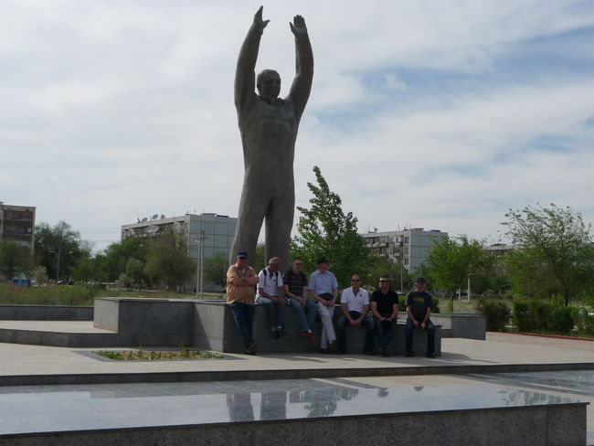 The team at the Gagarin memorial in Baikonur City