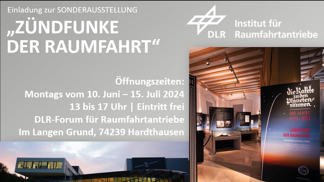 Das Bild zeigt die Einladungskarte zur Sonderausstellung "Zündfunke der Raumfahrt".