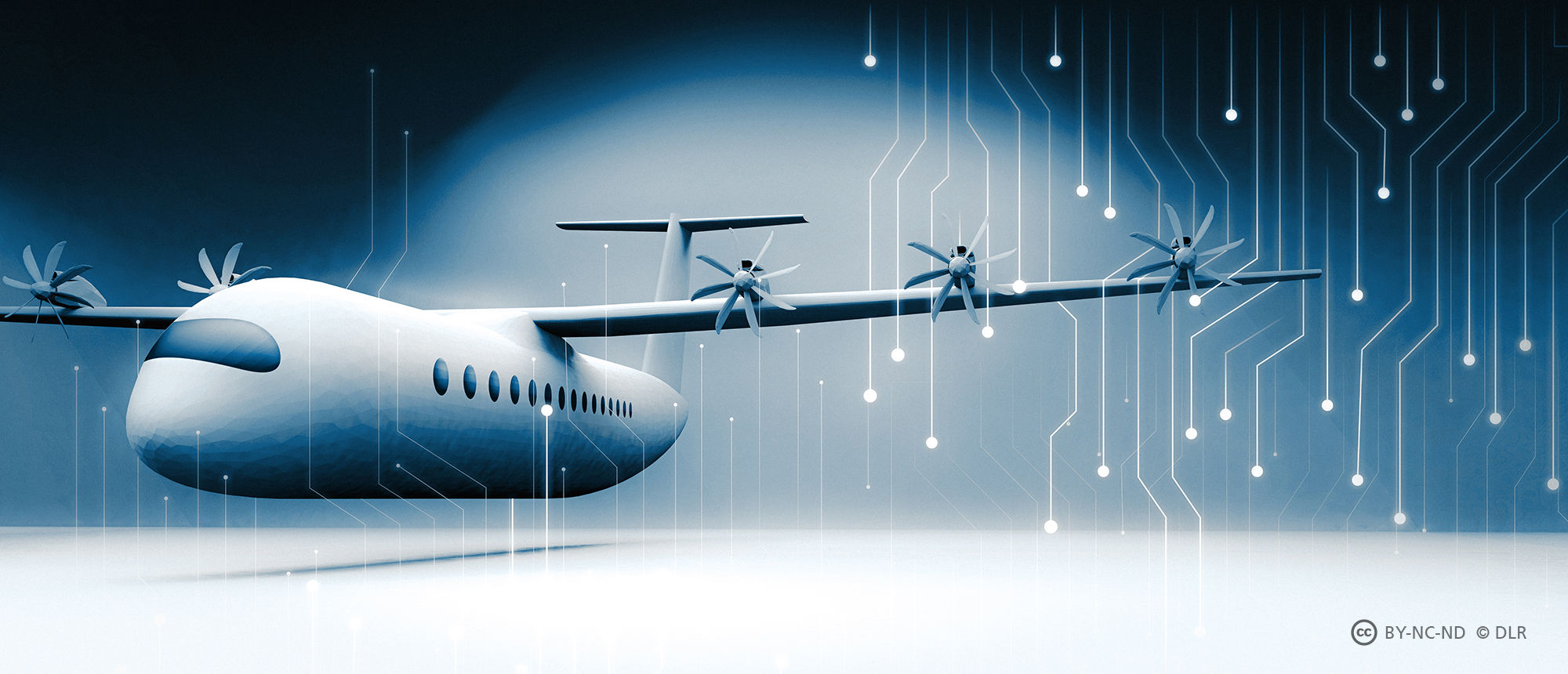 Rendering eines futuristischen Flugzeugs mit grafischem Hintergrund - blau