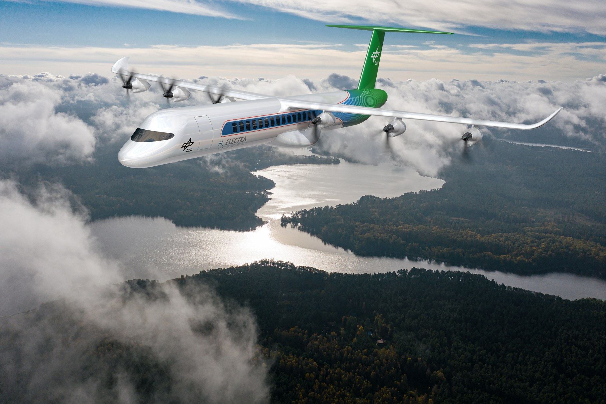 Flugzeug H2ELECTRA flieg über Lausitzer Seenlandschaft