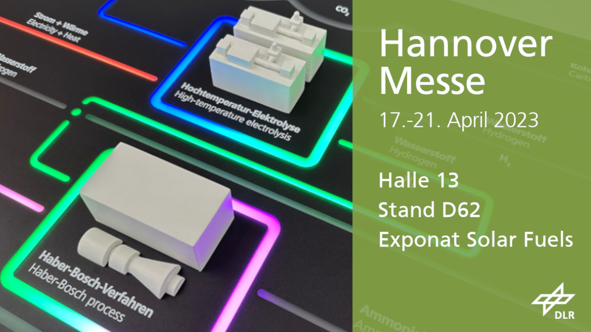 Eine Ankündigungs-Grafik zum DLR Stand und dem Exponat Solar Fuels auf der Hannover Messe
