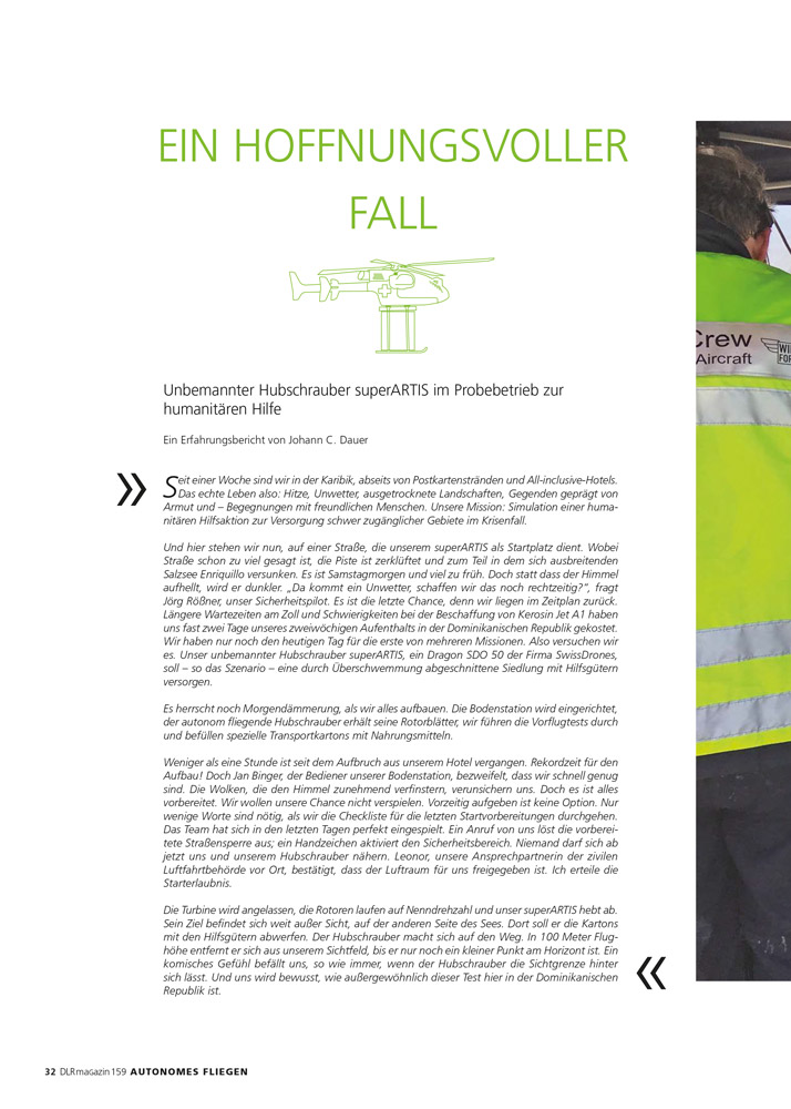 Vorschaubild - DLR­ma­ga­zin 159: Un­be­mann­ter Hub­schrau­ber im Pro­be­be­trieb zur hu­ma­ni­tär­en Hil­fe