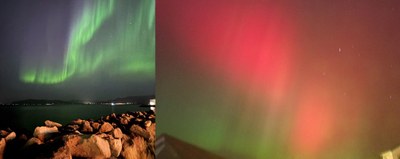 Zwei Bilder von Polarlichtern am Nachthimmel