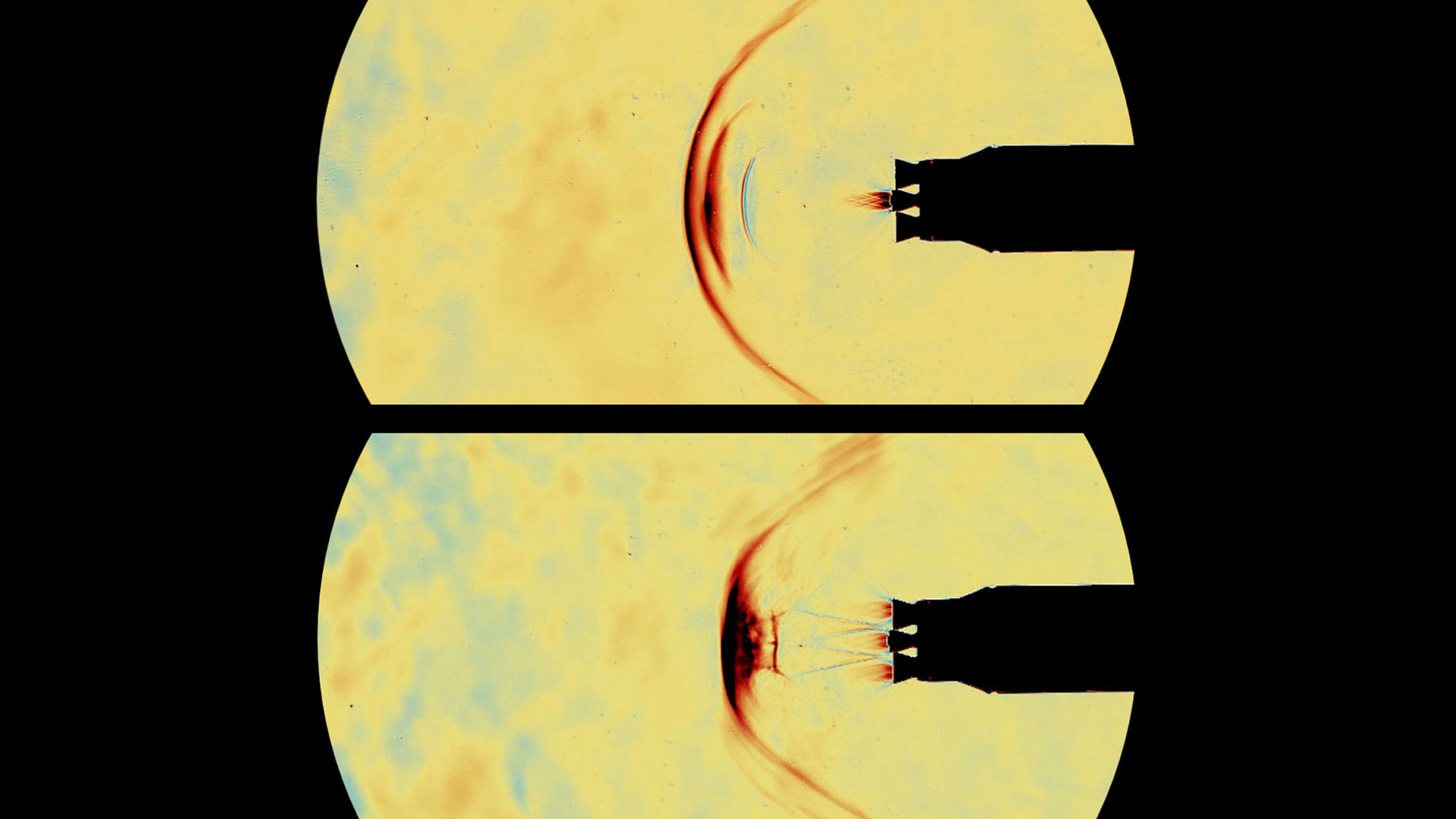 Modell einer wiederverwendbaren Raketenstufe mit einem aktiven Triebwerk beim Wiedereintritt in die Erdatmosphäre mit siebenfacher Schallgeschwindigkeit im Hyperschall Windkanal in Köln