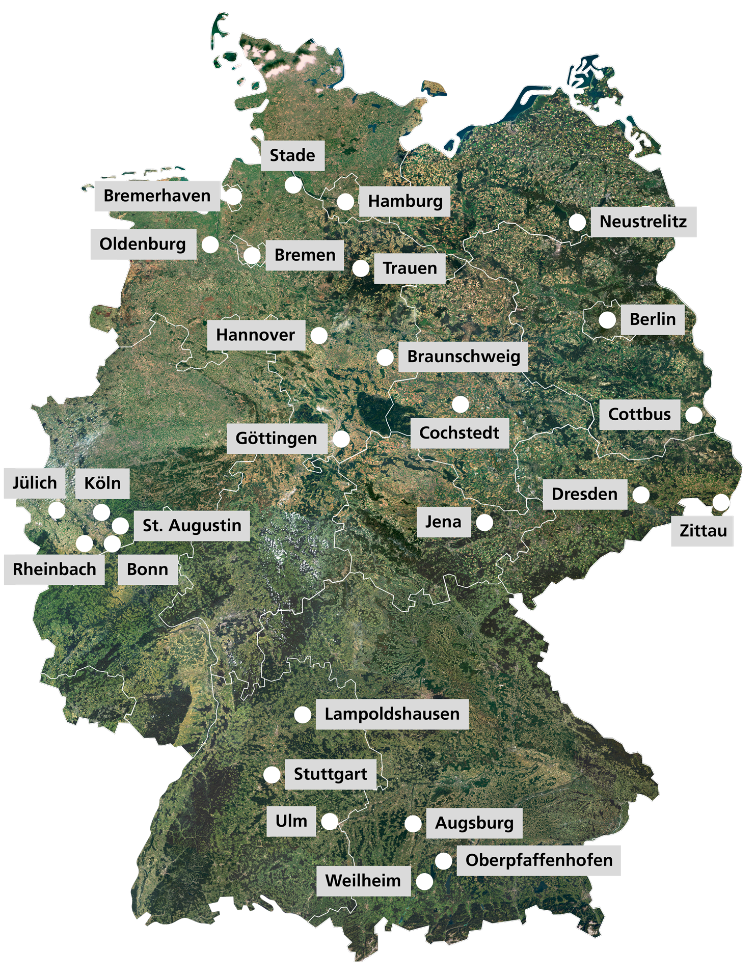 Deutschlandkarte in grün und braun Tönen, auf der Karte sind alle DLR-Standorte angepinnt. Die Pins haben verschiedene Farbe, je nach Forschungsschwerpunkt.